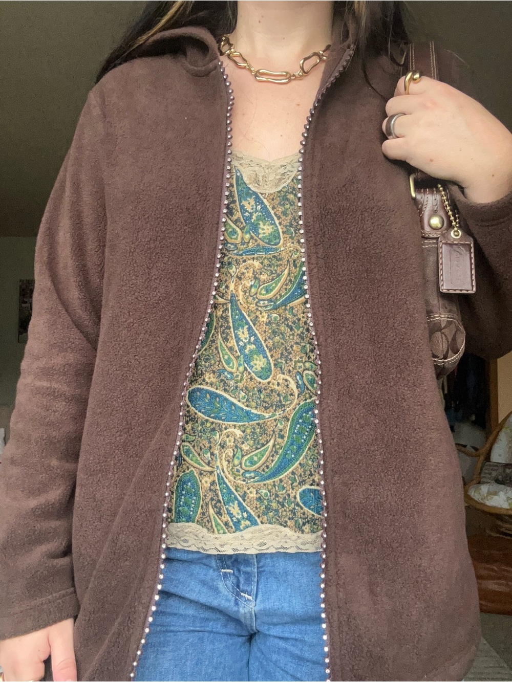 Rhinestone Brown Fleece Zip-Up Jacket